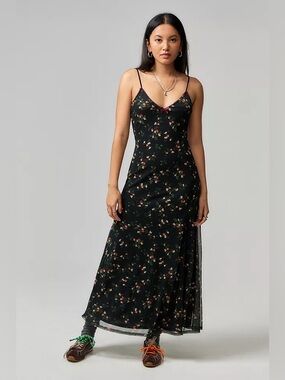 NWOT Urban Outfitters UO UK Floral Mesh Maxi Dress Black Ditsy Print XS
